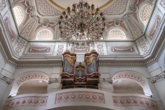 Organ loft of St James' Church, built 1772-1775, Bad Kissingen, Lower Franconia, Bavaria, Germany,