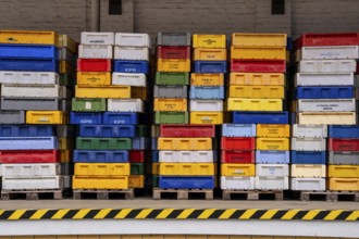 The town harbour of Sassnitz, island of Rügen, boxes of fish waiting for the new catch, at the