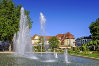 Fountain in the spa gardens and rose garden, Bad Kissingen, Rhön, Lower Franconia, Franconia,