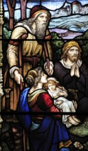 Detail of Jesus Christ the Good Physician, stained glass window, Church of Saint Mary, Mendlesham,