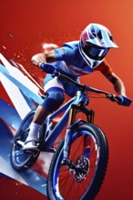 Bmx olympic cycling racer transformed into fluid abstract shapes french tricolor blue white red, AI