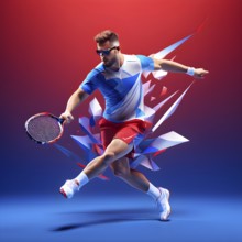 Abstract digital render of an olympic tennis player morphing into fluid shapes of french tricolor