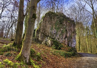 Limestone massif near the Feldhoff Cave in spring, Hönnetal, Balve, Sauerland, North