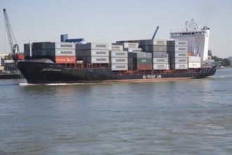 Heavily laden container ship 'BG Rotterdam' on the River Maas, Port of Rotterdam, Netherlands