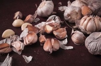 Fresh garlic, on a dark background, top view, food concept