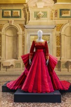 Red silk Mikado wedding dress in various shades of red with embroidered bodice, 2009, exhibition of