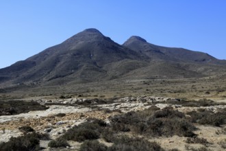 Los Frailes volcanoes from Los Escullos, Cabo de Gata national park, Almeria, Spain, Europe