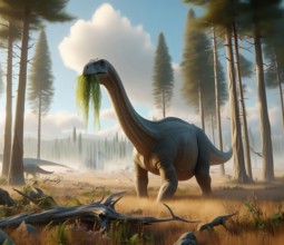 Prehistory, prehistory, a brachiosaurus, a dinosaur in a prehistoric landscape, AI generated, AI