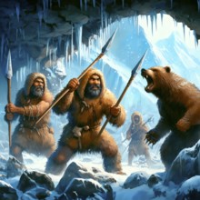 Prehistory, prehistoric times, ice age, an extinct cave bear is attacked by ice age hunters, AI