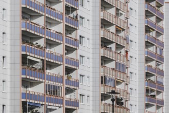 Prefabricated buildings with balcony, photographed in the Berlin district of Lichtenberg in Berlin,