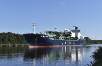 Tanker K.Lotus travelling through the Kiel Canal, Kiel Canal, Schleswig-Holstein, Germany, Europe