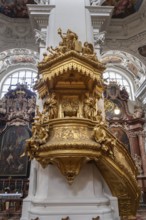 Gilded pulpit, a baroque work from 1726, Passau Cathedral, Passau, Lower Bavaria, Bavaria, Germany,