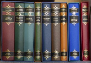 Folio Society books editions of Anthony Trollope novels viewed from above looking down, UK