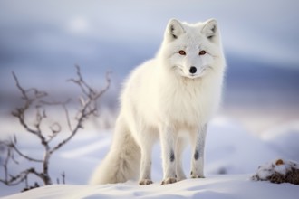 White Arctic fox standing on a snowy hill. The beauty and resilience of the fox in its natural