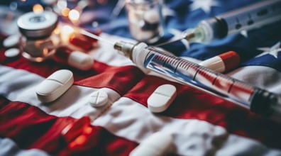 Painkiller epidemic in the US, tablets, needles and syringes lying on American flag, AI generated