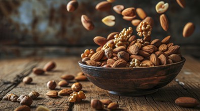 Pack of healthy almonds in a bowl, a nutritious healthy food for improving heart health, AI