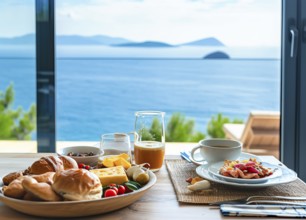 Breakfast with the scenic ocean view on vacation, AI generated