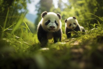 Cute panda cubs in a lush bamboo grove, The image showcases the beauty and serenity of nature and