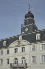 Baroque old town hall with inscription town hall, spire, white, roman, number, year, 1750,