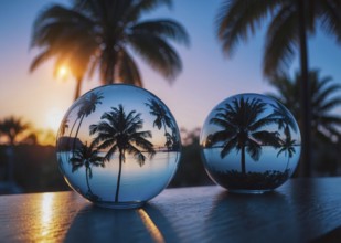 A hand holding a glass sphere with a palm tree reflected in it. The scene is set on a beach at