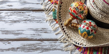 Mexico festive wooden background with sombrero, serape and maracas in flat lay view, AI generated