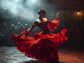 Passionate spanish gypsy national culture dance flamenco performed by a female dancer, AI generated