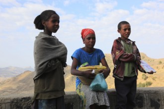 In the highlands between Mekele and Lalibela, children offer their wares, Ethiopia, Africa