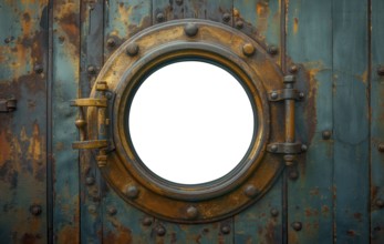 Vintage aged brass ship porthole mounted on a wooden hull with a white background. generative AI,