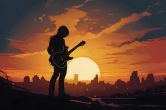 Illustration of a rock star silhouette clutching guitar against abstract urban skyline morphing