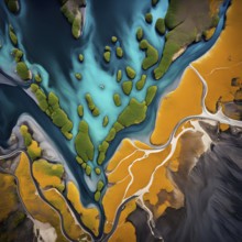 Aerial view perpendicular top down of an abstract colorful river along the coastline, AI generated