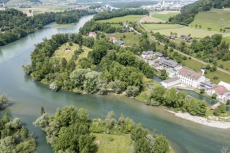 Confluence of river Limmat and river Aare at Limmatspitz, aerial view, Aargau, Switzerland, Europe