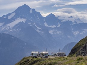 Mobile homes stay overnight along the Furka pass mountain road, Switzerland, Europe