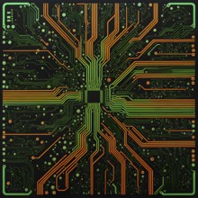 Birds eye view of a circuit board in vivid colored paths and connections, AI generated