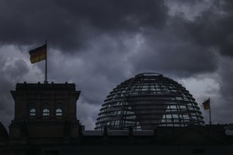 Dark clouds pass over the dome of the Reichstag building. Berlin, 03.07.2024