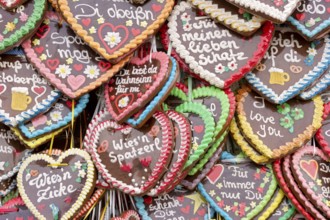 Gingerbread hearts with inscription made of coloured sugar, icing, gingerbread, Wies'n,