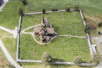 Aerial view of Lom stave church and cemetery, Lom, Norway, Europe