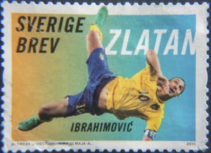 Zlatan Ibrahimovic, a Swedish famous professional footballer. Portrait on a Swedish post stamp