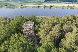 Aerial view of viewpoint Kiepenberg near Elbe river, wooden tower west of village Hitzacker,