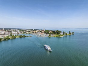 Harbour area, ferry port, yacht harbour, marina of Romanshorn with Seepark, and the departing