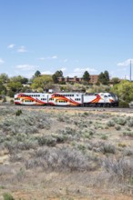 Train of the New Mexico Rail Runner Express regional railway in Santa Fe, USA, North America