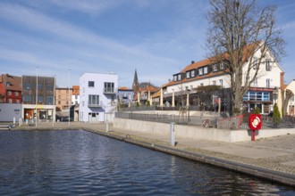 Modern buildings at the town harbour, Malchow, island town, Mecklenburg Lake District, Mecklenburg,