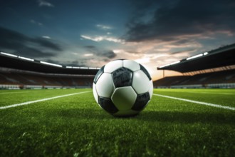 A soccer ball on a green field in soccer football stadium in evening on sunset with floodlights