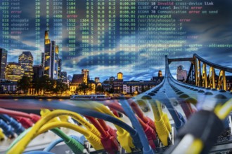 Symbolic image of critical infrastructure, skyline of Frankfurt am Main, data cable, hacker code