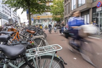 Central cycle path on the Lange Viestraat, in the centre of Utrecht, lanes for pedestrians,