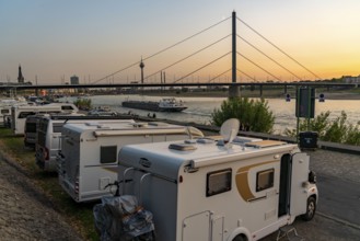 Skyline of Düsseldorf on the Rhine, Rhine Tower, Oberkassler Bridge, motorhome pitch on the banks