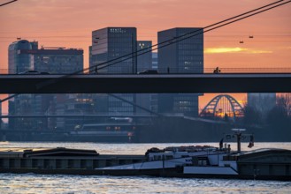 Winter sunset on the Rhine near Düsseldorf, houses in the media harbour, cargo ship,