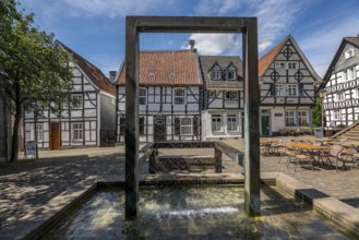 The old town centre of Essen-Kettwig, Ruhrstrasse, Weberbrunnen, Essen North Rhine-Westphalia,