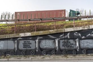 Large-format mural, graffiti, of the Schalke fan scene, below the A42 motorway,