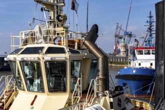 Harbour tugs, tugboats, bowser, at the pier at Columbuskaje, harbour cranes, historic Pingelturm,