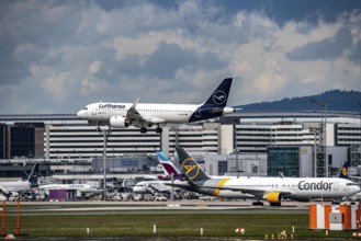 Lufthansa aircraft approaching Frankfurt am Main airport, on the centre runway, 25C/07C, terminal